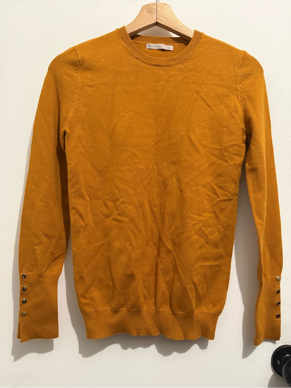 Active USA Mustard Puff Sleeve Button Cuff Knit Sweater Size S - Picture 2 of 5
